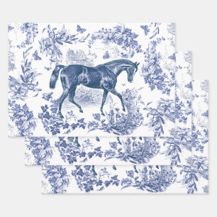 Feuille De Papier Cadeau Elégant Vintage Rustic Blue Horse Floral Toile