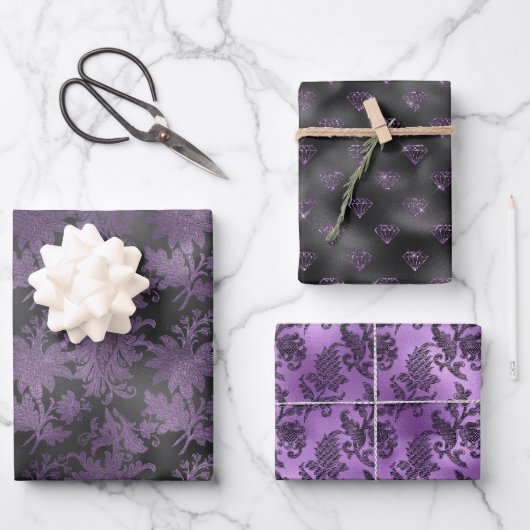 Feuille De Papier Cadeau Élégant violet noir floral (Recto)
