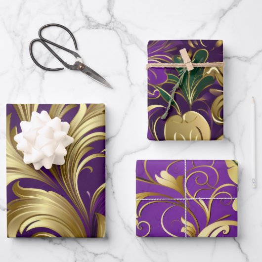Feuille De Papier Cadeau Élégant violet, vert et or Mardi Gras Floral (Recto)