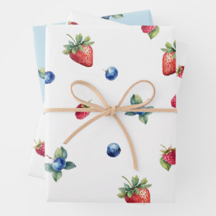 Feuille De Papier Cadeau Elégante aquarelle fraise framboise bleuet