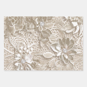 Feuille De Papier Cadeau Elégante dentelle beige avec diamant