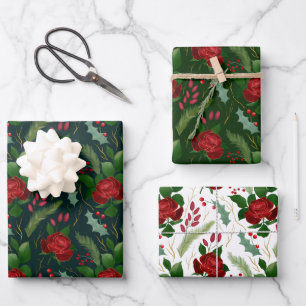 Feuille De Papier Cadeau Elégante fausse or aquarelle rose baies de pin