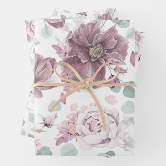 Feuille De Papier Cadeau Elégante Fleurs de Mauve et Motif botanique Feuill (En situation)