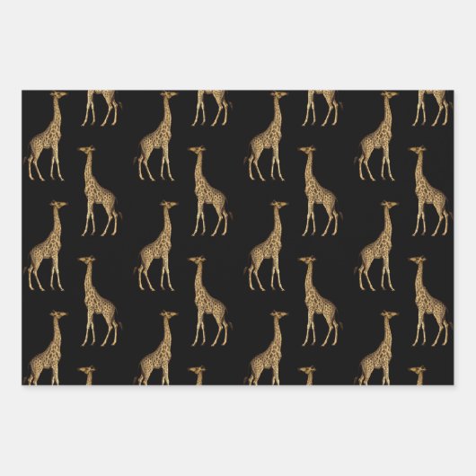 Feuille De Papier Cadeau Elégante Giraffe Imprimée Noir & Or (Devant)