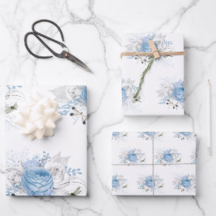 Feuille De Papier Cadeau Élégante libellule bleu argenté florale