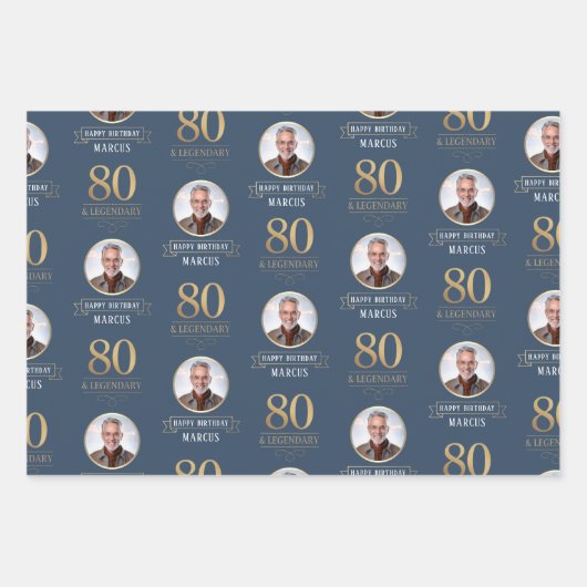 Feuille De Papier Cadeau Elégante Marine & Gold 80e & Légendaire Anniversai (Devant 2)