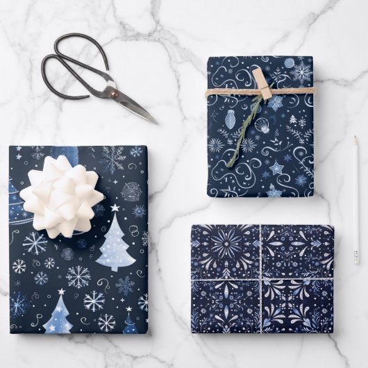 Feuille De Papier Cadeau Élégante Minuit Bleue Images de Noël (Recto)