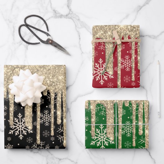 Feuille De Papier Cadeau Élégante Motif de Snowflake or Parties scintillant (Recto)
