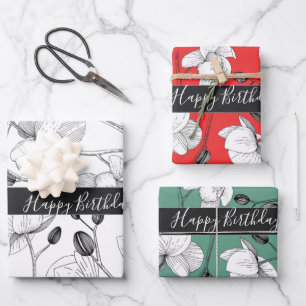 Feuille De Papier Cadeau Elégante orchidée blanc rouge vert chic floral