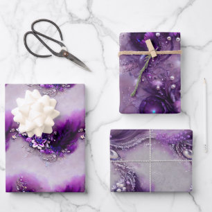 Feuille De Papier Cadeau Elégante plumes d'argent violet de Noël perlé