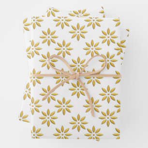Feuille De Papier Cadeau Élégantes fleurs d'or motif blanc