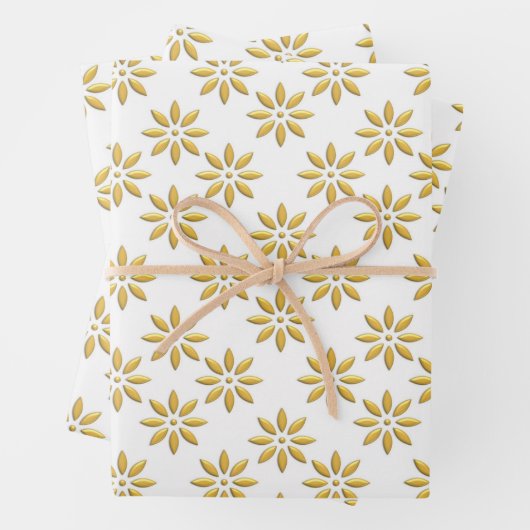 Feuille De Papier Cadeau Élégantes fleurs d'or motif blanc (En situation)
