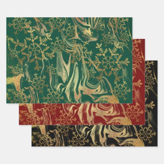 Feuille De Papier Cadeau Élégants flocons de neige en marbre doré moderne (Lot)