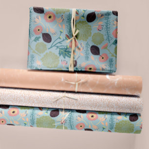 Feuille De Papier Cadeau Élégants motifs floraux Pêche bleue Fleurs vertes