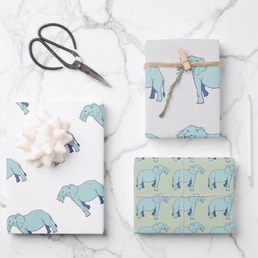 Feuille De Papier Cadeau Eléphant bleu (Recto)