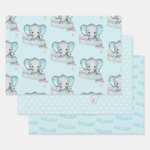 Feuille De Papier Cadeau Éléphant de nom personnalisé Bébé garçon bleu gris