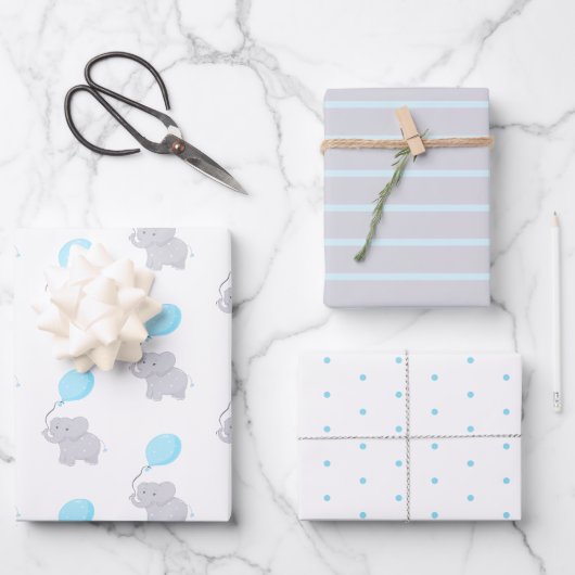 Feuille De Papier Cadeau Eléphant mignon avec ballon | Baby Boy (Recto)