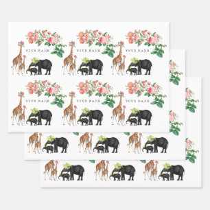 Feuille De Papier Cadeau Eléphant mignon et girafe Floral Nom personnalisé