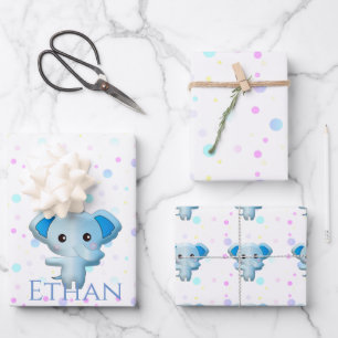 Feuille De Papier Cadeau Eléphant petit garçon bleu mignon