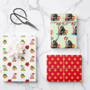 Feuille De Papier Cadeau Elfe Mignon, Cloches, Chat de Noël & Points Dorés