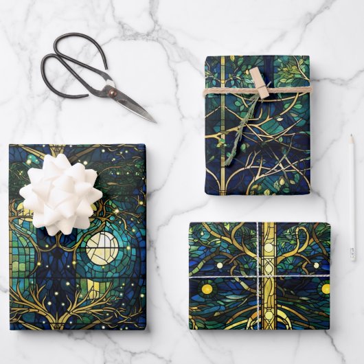 Feuille De Papier Cadeau Emerald Green Forest Faux Motif en verre tendu (Recto)