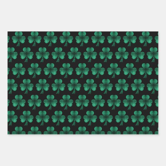 Feuille De Papier Cadeau Emerald Green Sparkles Shamrock motif noir (Devant)
