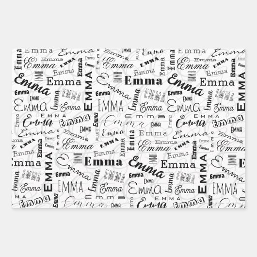 Feuille De Papier Cadeau Emma Nom personnalisé Noir Blanc (Devant)