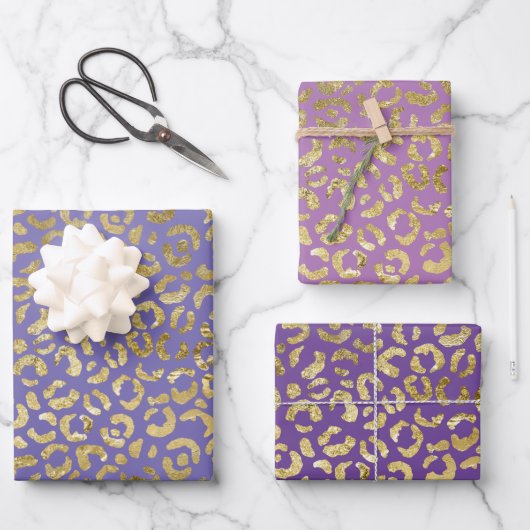 Feuille De Papier Cadeau Empreinte de léopard de glam or violet (Recto)