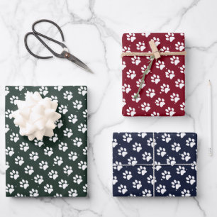 Feuille De Papier Cadeau Empreintes de pattes Neige Rouge Bleu Vert Noël