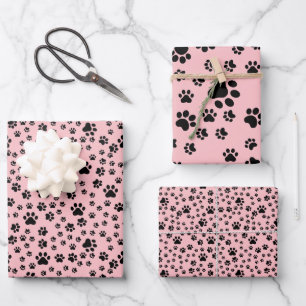 Feuille De Papier Cadeau Empreintes de pattes noirs sur Lemonade Pink