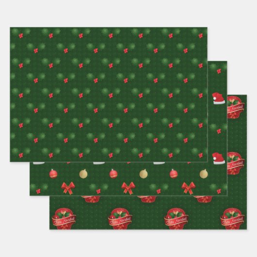 Feuille De Papier Cadeau en vichy Feliz Navidad Holly Berries (Lot)