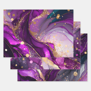Feuille De Papier Cadeau Encre alcoolique pailletée violette et dorée aquar