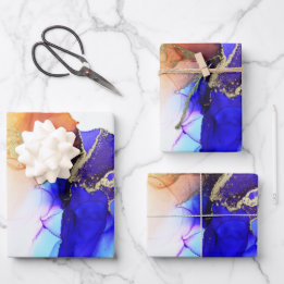 Feuille De Papier Cadeau Encre d'alcool Abstraite Blue Orange Gold