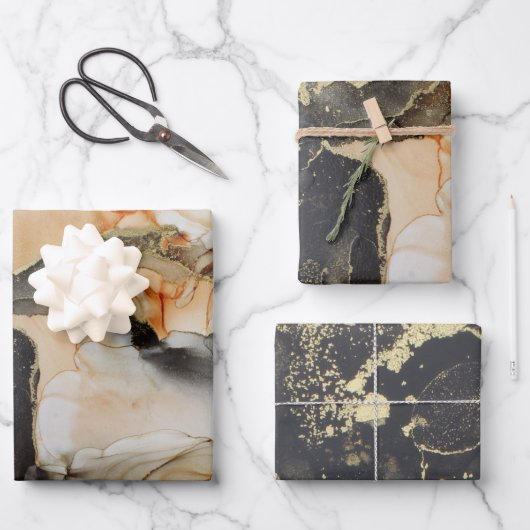 Feuille De Papier Cadeau Encre d'alcool noir Abstraite Moody Black Gold (Recto)