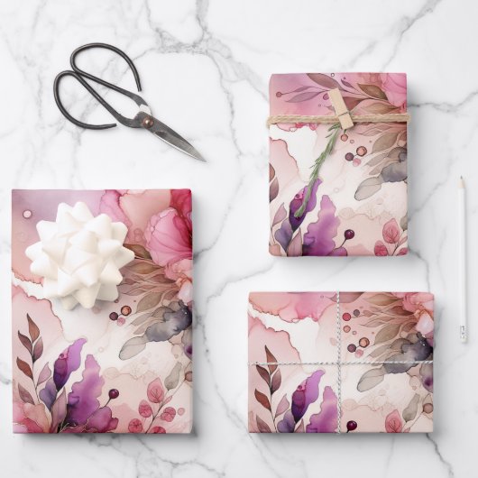 Feuille De Papier Cadeau Encre d'alcool rose et violet à fleurs Grande impr (Recto)