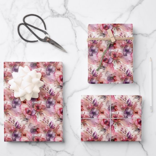 Feuille De Papier Cadeau Encre d'alcool rose et violet à fleurs Petite impr (Recto)