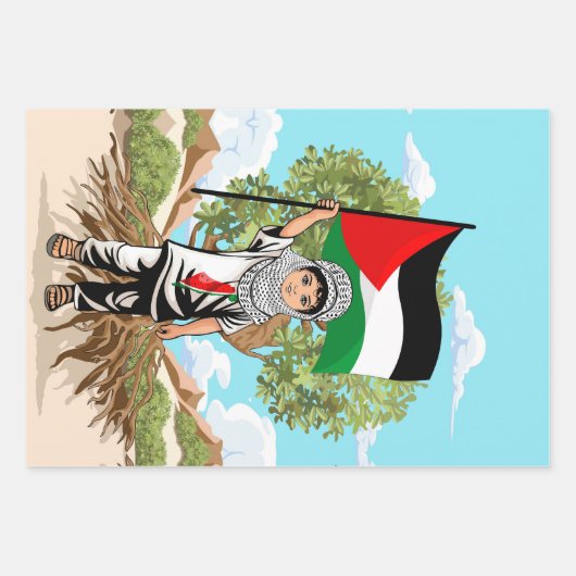 Feuille De Papier Cadeau Enfant avec Keffiyeh Palestine Drapeau et olivier (Devant)