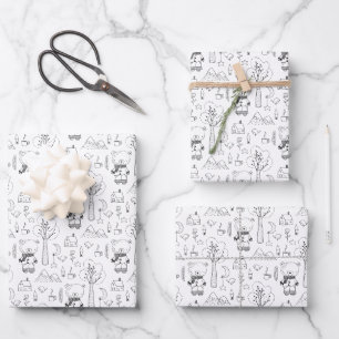 Feuille De Papier Cadeau Enfant Noël Noir & Blanc Nounours d'hiver