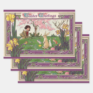 Feuille De Papier Cadeau Enfant Vintage à la chasse aux œufs de Pâques avec