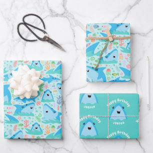Feuille De Papier Cadeau Enfants D'Anniversaire Du Requin En Mer