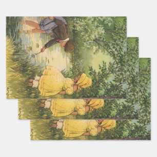 Feuille De Papier Cadeau Enfants Vintage, Garçon et Fille Jouant au Ruissea
