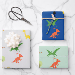 Feuille De Papier Cadeau Ensemble de 3 Forêt de Dinosaures Colorés pour Enf