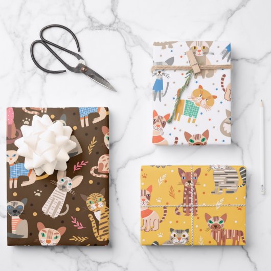 Feuille De Papier Cadeau Ensemble de 3 papiers d'emballage de chats mignons (Recto)
