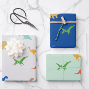 Feuille De Papier Cadeau Ensemble de 3 papiers d'emballage Dino colorés pou