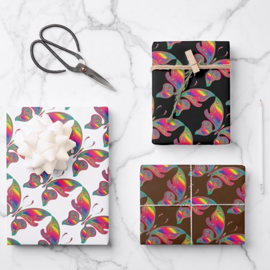 Feuille De Papier Cadeau Ensemble de 3 papillons arc-en-ciel (Recto)