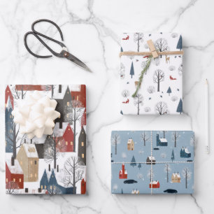 Feuille De Papier Cadeau Ensemble de 3 Villages Pays d'hiver Wonderland Pit