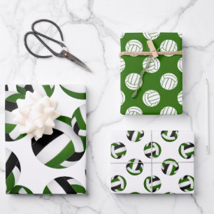 Feuille De Papier Cadeau ensemble de 3 volleyballs verts noirs coordonnés