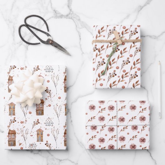 Feuille De Papier Cadeau Ensemble de bois neutres de 3 enveloppes de feuill (Recto)