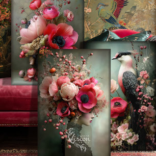 Feuille De Papier Cadeau Ensemble de couture de bouquet, oiseau, portrait e
