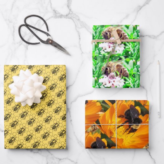 Feuille De Papier Cadeau Ensemble de enveloppes cadeaux - Abeilles en plusi (Recto)